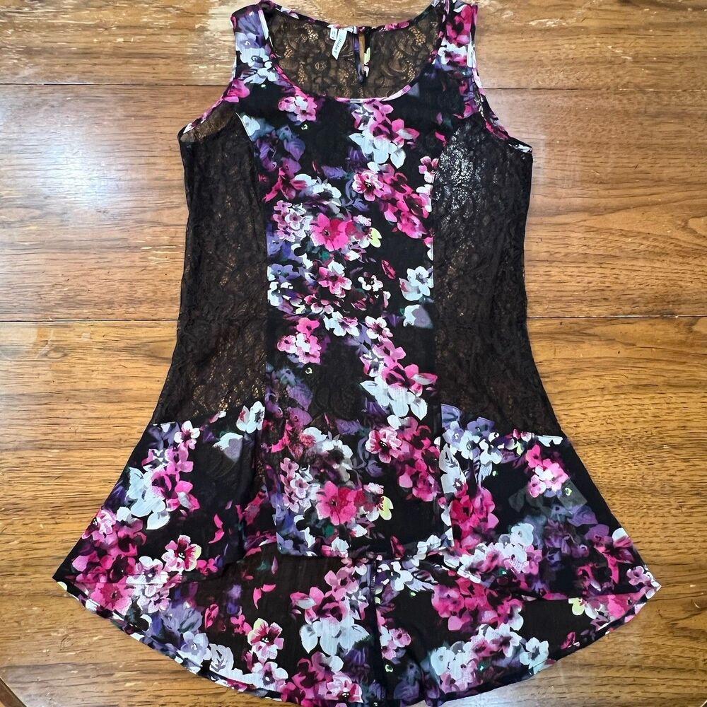 Studio Y Floral Lace High-Low Tunic Top Blouse Whimsigoth Camisole Black M